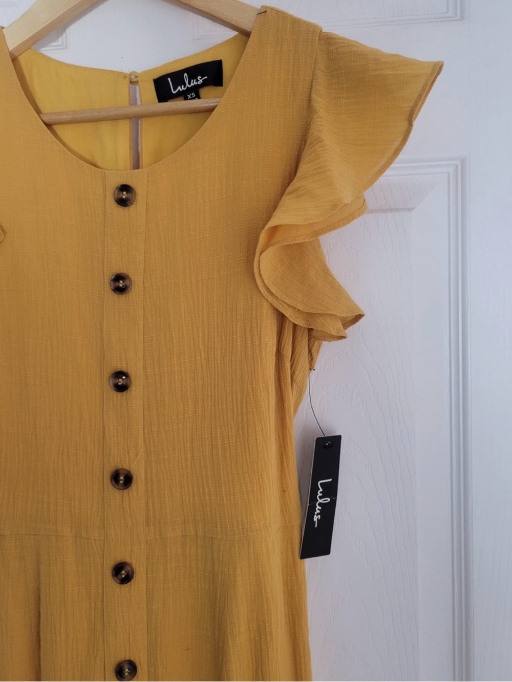 NWT Lulus Golden Yellow Cotton Button Front Flutter Sleeve Jumpsuit XS Fits S - Picture 5 of 10